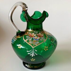 Vintage Bohemian EMERALD GREEN GLASS Pitcher Hand-Blown And Hand-Painted 1950s